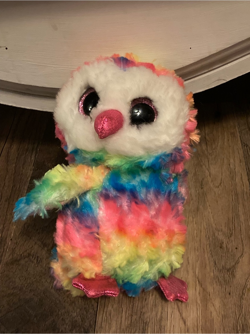 Ty Rainbow Plush Owl with Pink Metallic Beak and Feet